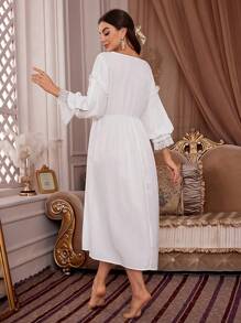 Contrast Lace Ruffle Trim Pajama Night Dress Long Dress - Beige - View 2