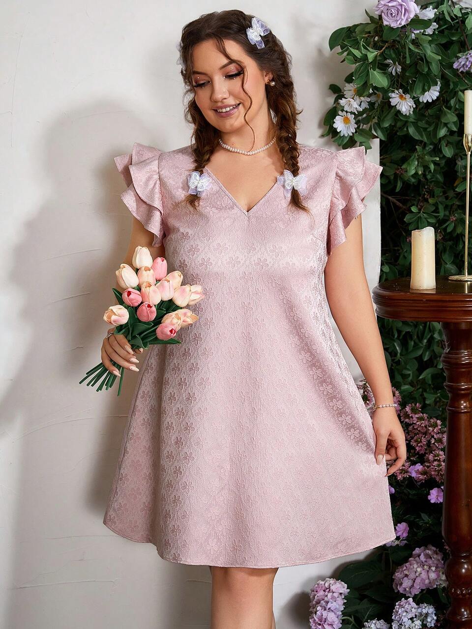 Plus Size Women's Stylish Printed Ruffle Sleeve Dress