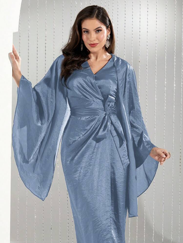 Women's Spring/Summer Solid Color Cape Sleeve Long Elegant Dress With Side Waist Knot Long Evening Dresses
