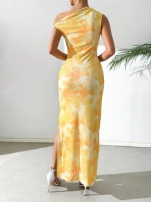 Chiquease Váy hở vai nữ in họa tiết xẻ cao và phối lưới - Màu vàng - Xem 2
