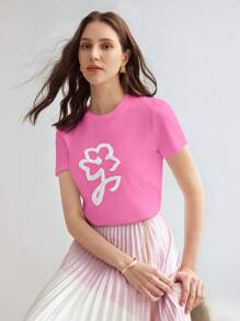 MOTF PREMIUM FLORAL PATTERN SHORT SLEEVE TEE - Hot Pink - View 1