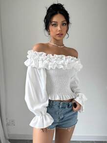 SHEIN Privé Blusa de mujer con hombros descubiertos y ribete de encaje - Blanco - Ver 4