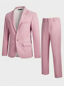 Manfinity VCAY Men's Woven Casual Single-Breasted Pink Suit With Pants, Two Pieces Set, For Spring - Multicolor - View 1