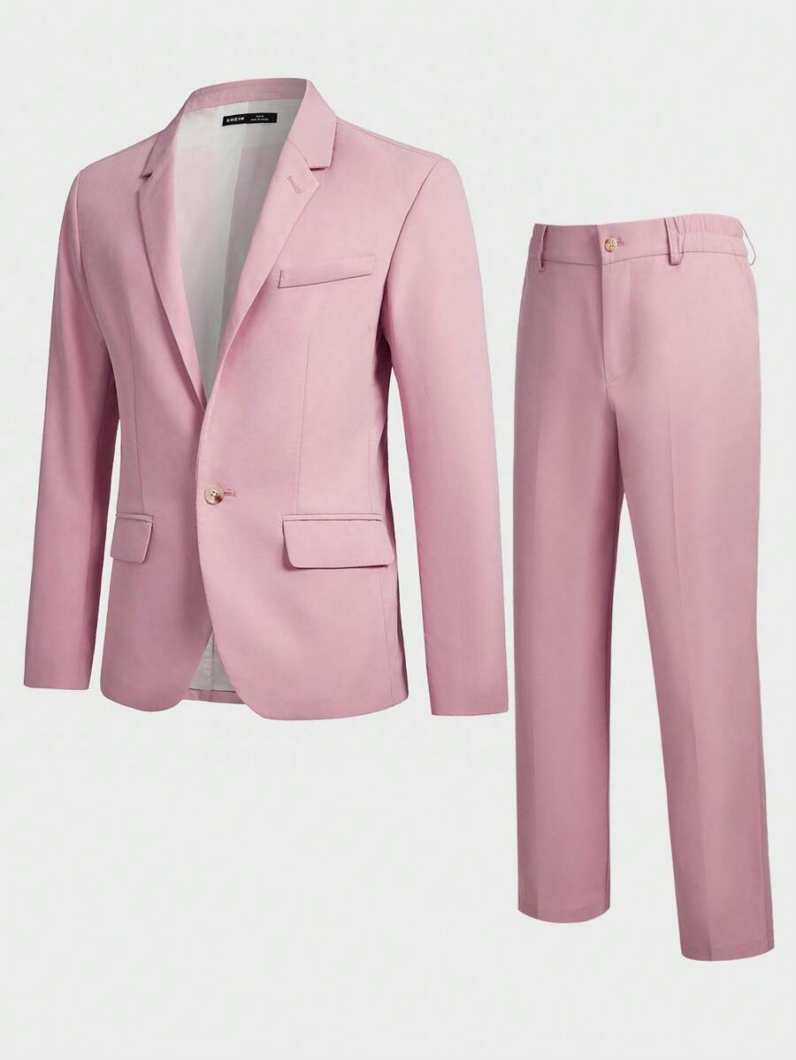 Manfinity VCAY Men's Woven Casual Single-Breasted Pink Suit With Pants, Two Pieces Set, For Spring - Multicolor - View 1