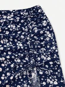SHEIN VCAY Plus Size Women's Ditsy Floral Drawstring Waist Slit Hem Long Skirt For Vacation