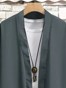 Claim Dot 男士度假休闲纯色落肩宽松日式衬衫，秋季 - 深灰色 - 查看 3