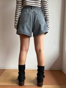 DAZY 纯色阔腿女式牛仔短裤 - 霧霾藍 - 查看 7