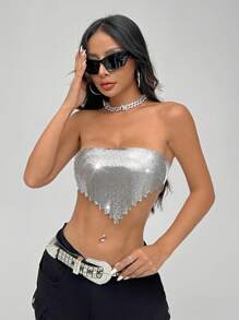 EgrlEra 女式Y2K金屬閃粉露肩上衣，適用於夜店 - 銀色 - 查看 7