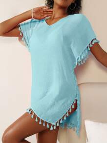 Swim Vcay Women's Summer Solid Color Fringe Decorated Side Slit Beach Cover-Up Dress,Summer Beach - Baby Blue - View 5