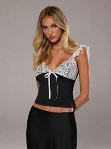 Aloruh Camiseta sin mangas de encaje con bloque de color para mujer con decoración de lazo para verano - Blanco y Negro - Ver 2