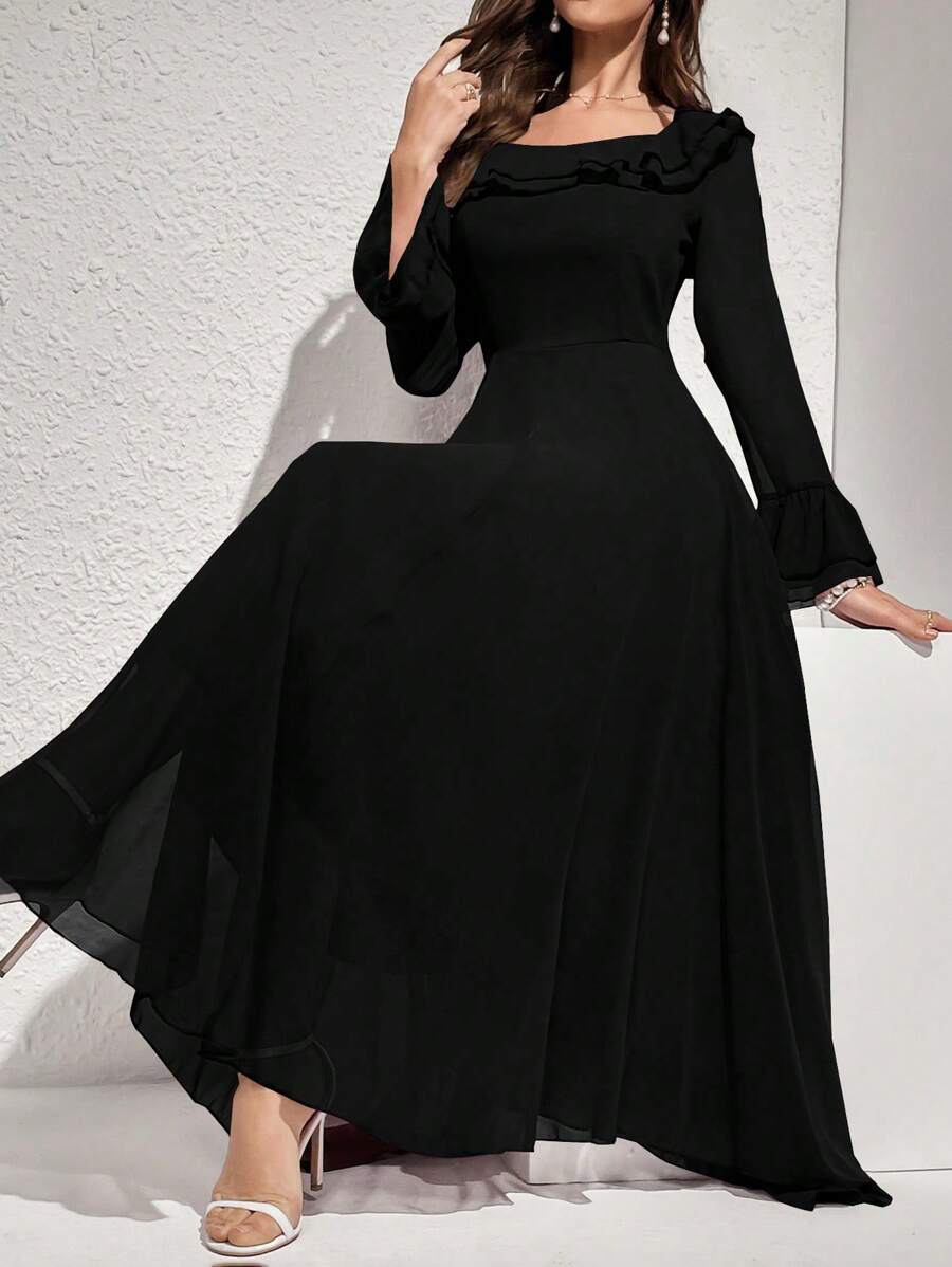 Modelyn 女士纯色长袖荷叶边下摆优雅夏季长裙女式长款晚礼服 - 黑色 - 查看 1