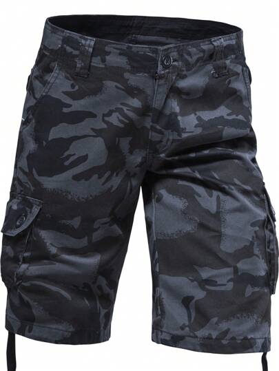 男士迷彩工装短裤，宽松直筒休闲短裤，带口袋，夏季街头风格，Emo，2000 年代风格