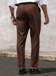 Manfinity Mode Men's Solid Color Pleated Tapered Dress Pants With Pocket, For Daily And Commute - Coffee Brown - View 2