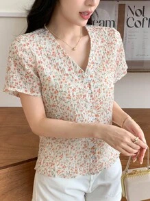 DAZY 女式小碎花短袖度假襯衫 - 粉色 - 查看 4