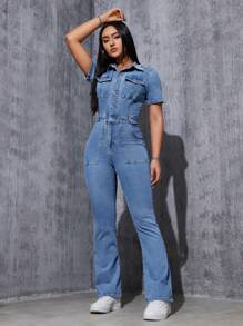 SHEIN EZwear Women's Fashionable Short Sleeve Denim Jumpsuit - Medium Wash - View 5