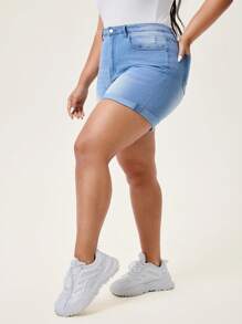 Flexra Plus High Waist Ripped Denim Shorts - Light Wash - View 2