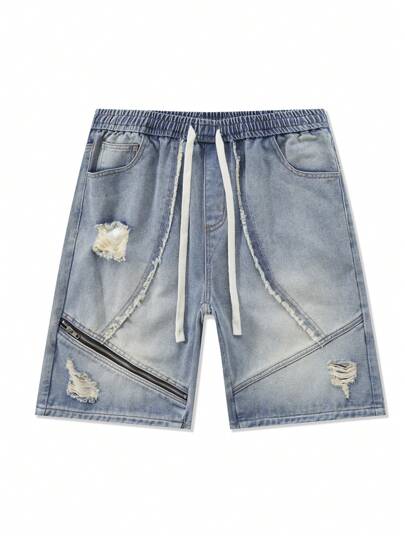 Men's Drawstring Waist Ripped Zipper Design Casual Denim Shorts