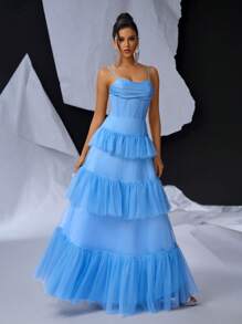 SHEIN Belle Chi tiết xương, Váy xếp tầng bằng vải tuyn xếp tầng cho váy dạ hội trang trọng dành cho nữ (Phiên bản nặng) Váy dạ hội trang trọng cho nữ - Màu xanh lam - Xem 7