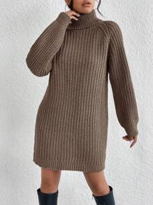 EURMUSE Women's Solid Color High Neck Raglan Sleeve Loose Casual Knit Sweater Dress, Autumn/Winter - Brown - View 6