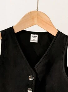 SHEIN 年輕女孩休閒通勤V領上衣和褶皺裙套裝，配有頸後扣環 - 黑色 - 查看 7