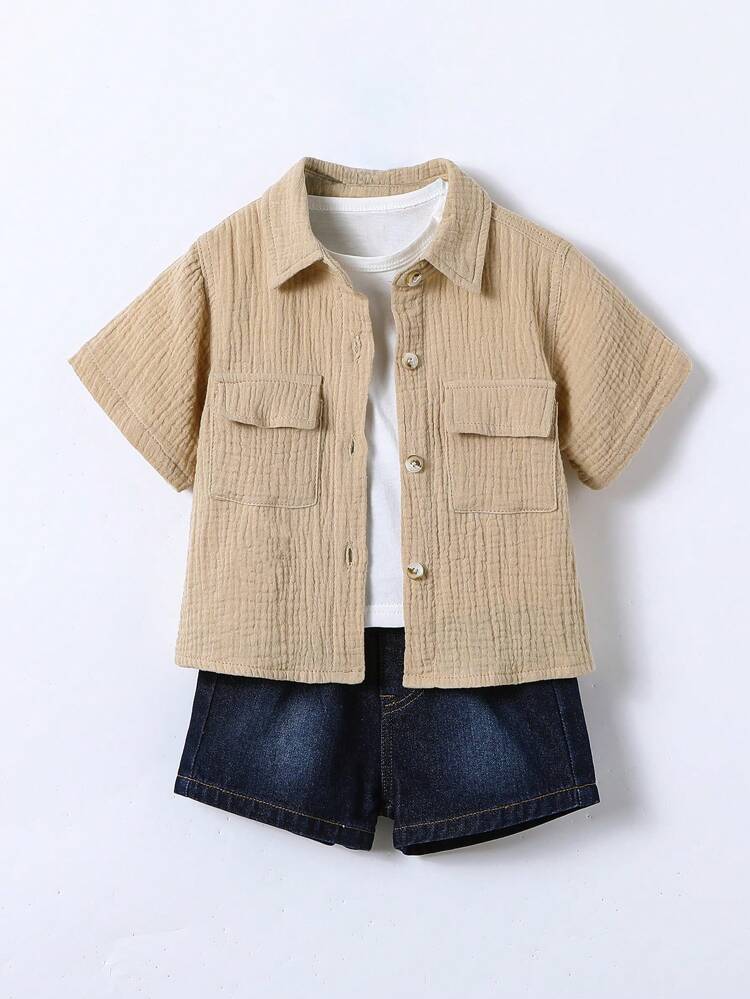 BABY BOY All-Match Casual Khaki Wrinkled Shirt & Camera Patterned Waistband Dark Wash Denim Shorts Set