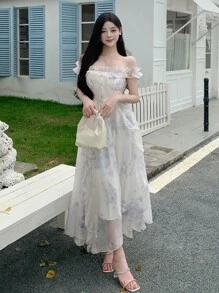 DAZY 女士雪纺印花露肩荷叶边连衣裙夏季吊带裙复活节连衣裙 - 藍色 - 查看 7