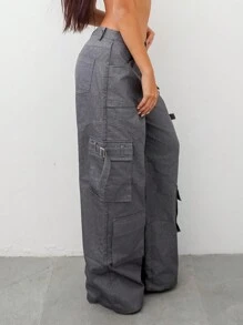 SHEIN Unity Women's Solid Color Wide-Leg Casual Casual Pants With Multiple Utility Pockets Fall Cloth For Women - Grey - View 5