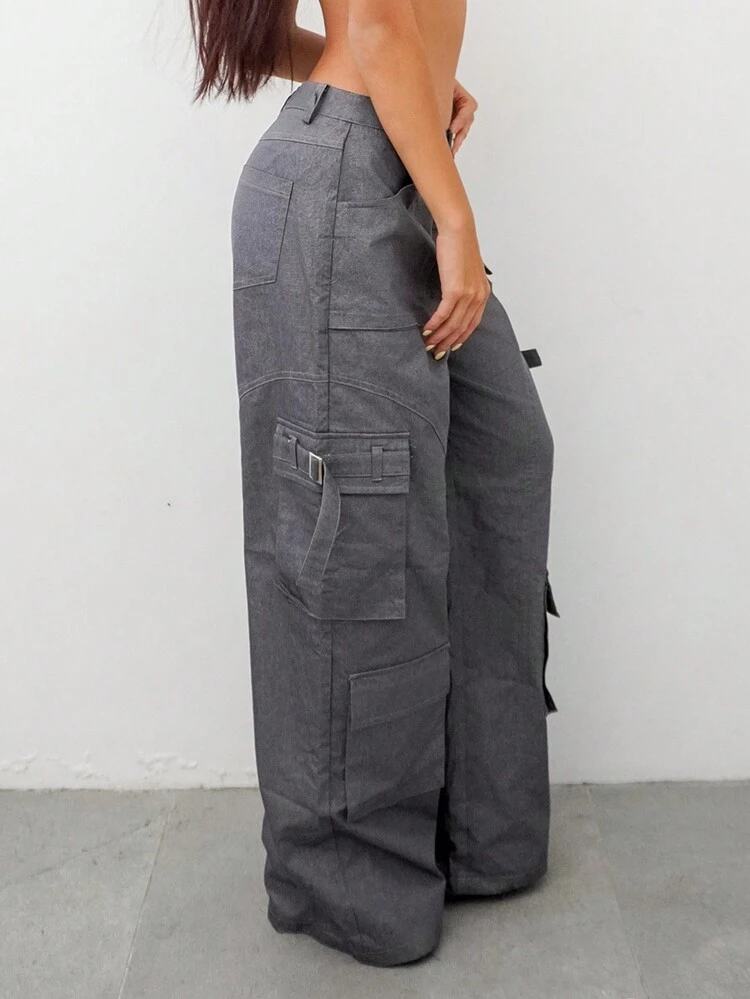 Women's Solid Color Wide-Leg Casual Casual Pants With Multiple Utility Pockets Fall Cloth For Women