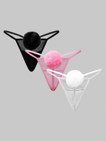 Kawaii 3pcs Sexy Plain Rabbit Tail Pompoms Thong Set Lingerie