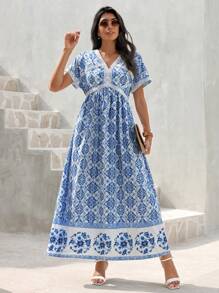 Seusyu Women's Holiday Printed Patchwork High Waist Dress