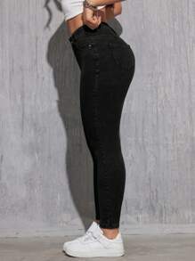 SHEIN EZwear 女性修身日常穿搭口袋牛仔褲，適合旅行 - 黑色 - 查看 1