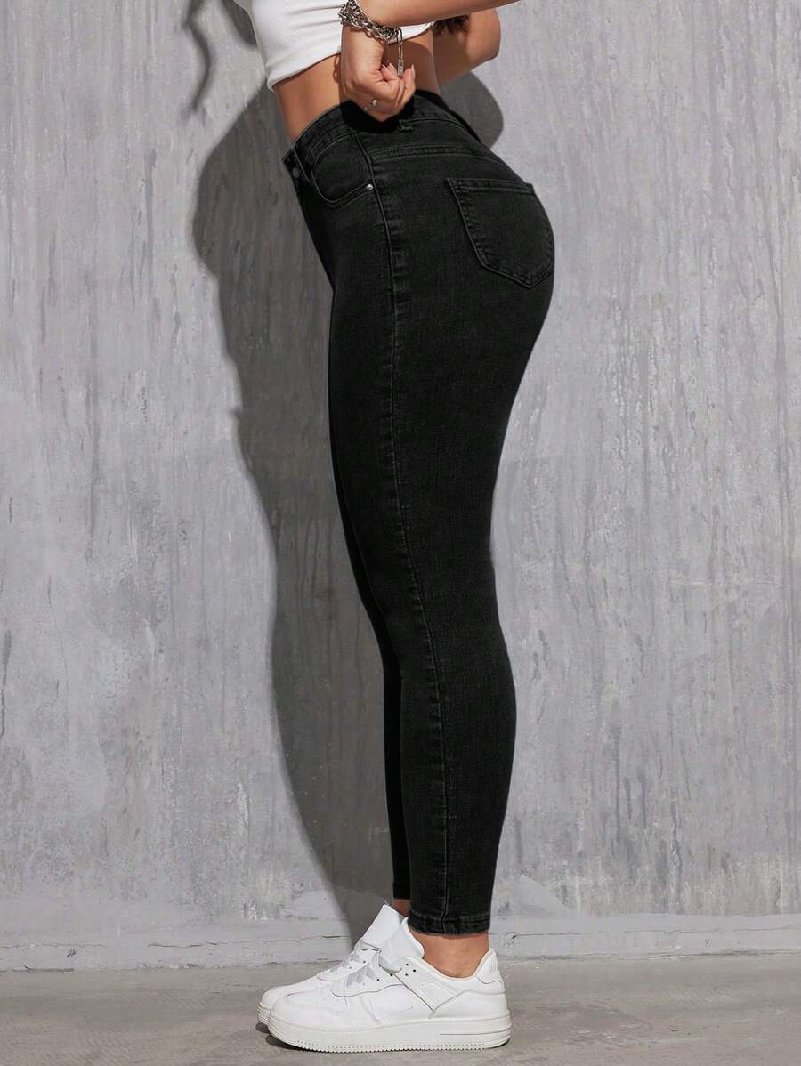 SHEIN EZwear 女性修身日常穿搭口袋牛仔褲，適合旅行 - 黑色 - 查看 1