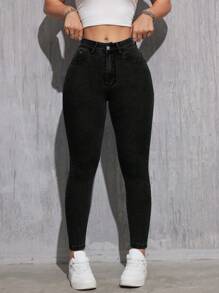 SHEIN EZwear 女性修身日常穿搭口袋牛仔褲，適合旅行 - 黑色 - 查看 6