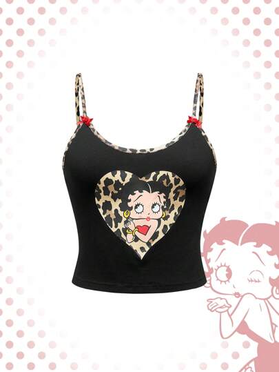 Betty Boop | ROMWE Lässiges Trägertop mit Cartoon Charakter- und Leoprint Kontrast sowie Schleifen Dekor, sommerlich, für die Schule