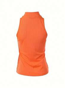 ChicMe Sleeveless Ribbed Mock Neck Zipper Slim Fit Basic Casual Tank Top For Women - Orange - View 2