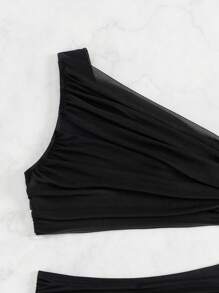 SHEIN Swim Women's Solid Color One-Shoulder Ruched Sexy Bikini Set For Vacation, With Separated Bikini Set Summer Beach - Black - View 5