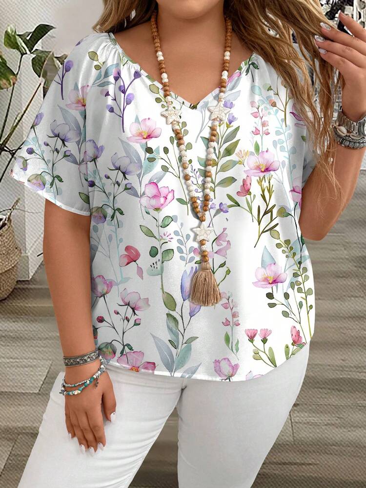Plus Size Women's Casual Leopard Sequin Pattern V-Neck Loose Short Sleeve Blouse, Summer Suitable For Going Out Chic Blouses For Women,Spring
