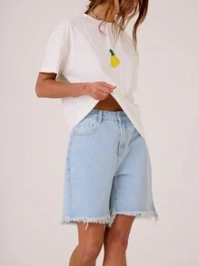 MUSERA Denim Frayed Hem Turn Up Shorts Spring 90's Cute Summer