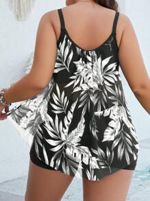 Swim Lushoire Plus Size Summer Beach Plant Printed Strap Swimsuit Dress