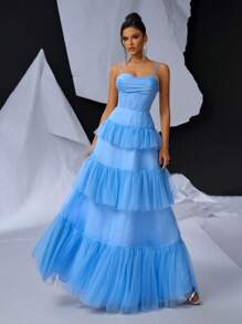 SHEIN Belle Chi tiết xương, Váy xếp tầng bằng vải tuyn xếp tầng cho váy dạ hội trang trọng dành cho nữ (Phiên bản nặng) Váy dạ hội trang trọng cho nữ - Màu xanh lam - Xem 1