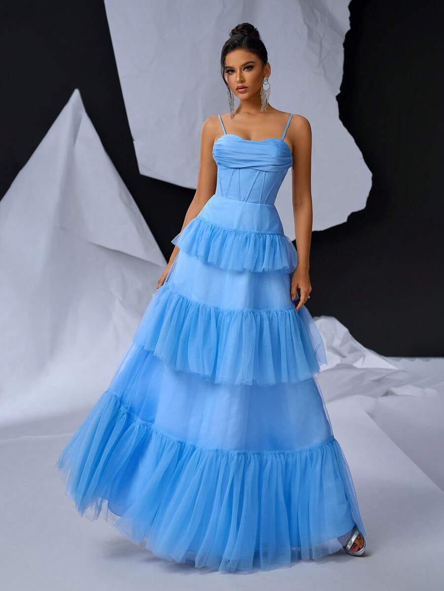 SHEIN Belle Chi tiết xương, Váy xếp tầng bằng vải tuyn xếp tầng cho váy dạ hội trang trọng dành cho nữ (Phiên bản nặng) Váy dạ hội trang trọng cho nữ - Màu xanh lam - Xem 1