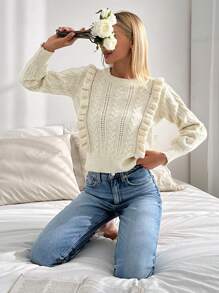 SHEIN PETITE Maglione casual a maniche lunghe con volant di colore unito, adatto per l'uso quotidiano, per donne di taglia petite