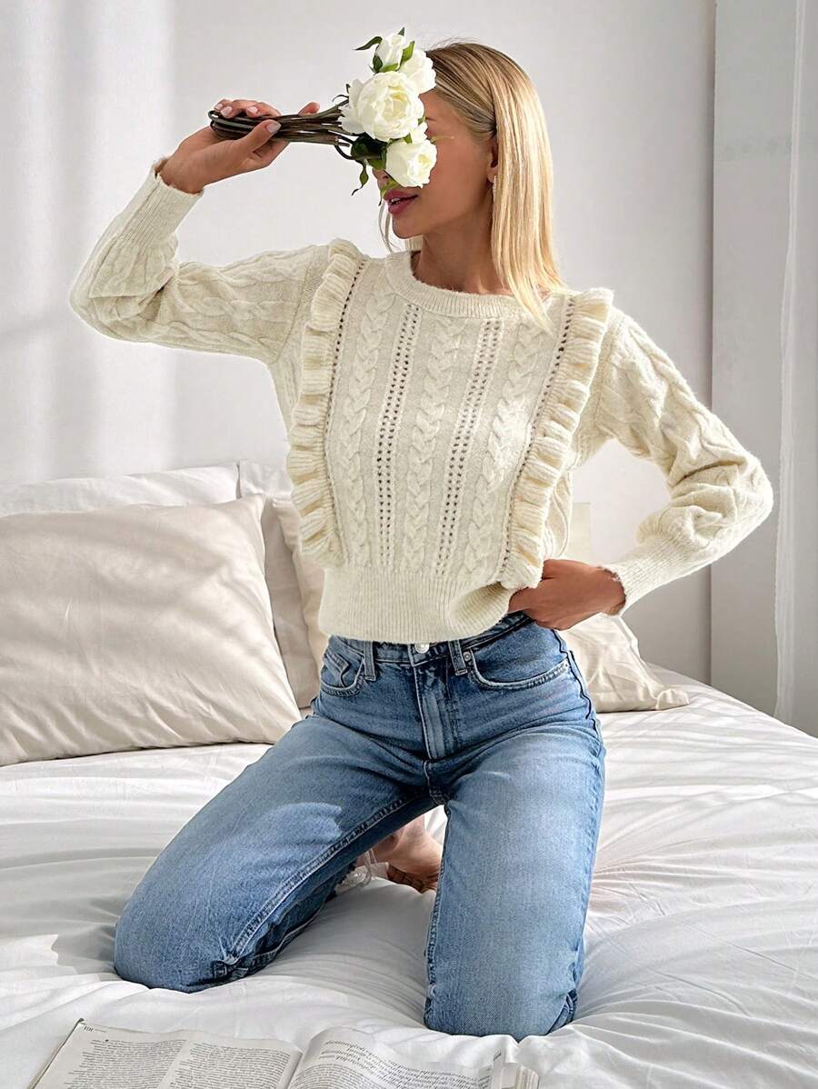 SHEIN PETITE Maglione casual a maniche lunghe con volant di colore unito, adatto per l'uso quotidiano, per donne di taglia petite