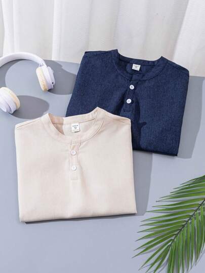 SHEIN Tween Boys Extended Storlek Lös Casual Vävd Enfärgad Stativkrage Kortärmad Oversized Skjorta