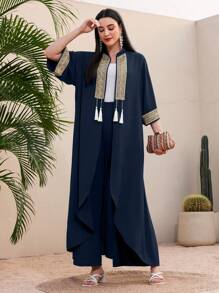 Al Najma Women's Contrast Color Fringe Decoration Jacket And Pants Two-Piece Set - Navy Blue - View 3