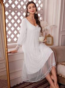 PalaceNights Polka Dot Mesh Lace Trim Pajama Night Dress Long Dress