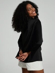 Se-Helo 女士时尚纯色缎面质感系带装饰休闲长袖开衫，四季皆宜黑色春季款 - 黑色 - 查看 6