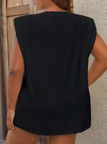 Calvaya Plus Solid Shoulder Pad Tank Top - Black - View 2