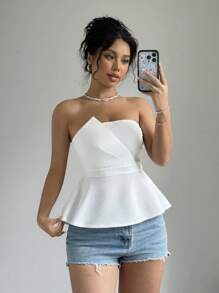 Selianne Women Solid Color Ruffle Hem Sleeveless Tube Top For Summer - White - View 3