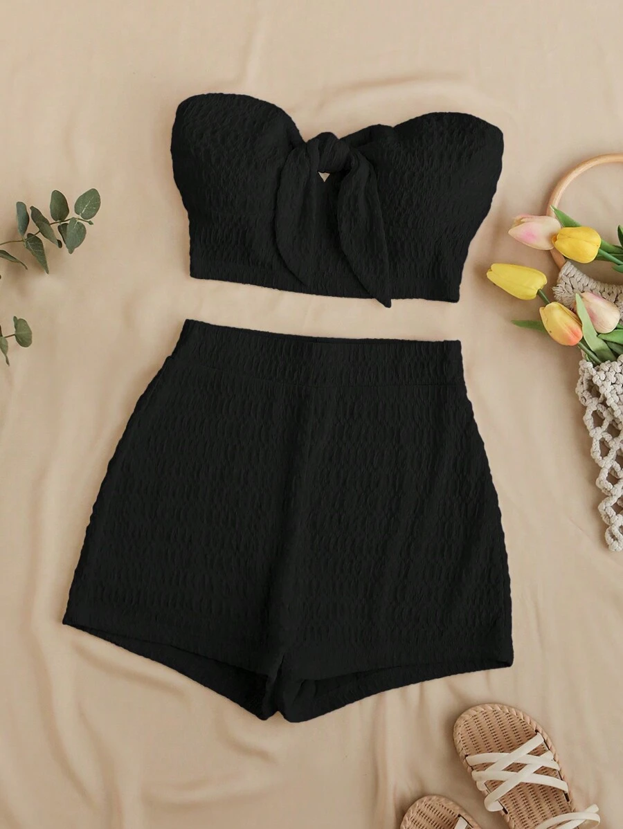 Soleia Summer Solid Texture Bandeau Top And High-Waisted Shorts Casual Vacation Two Pieces Set - Black - View 1